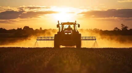 Naklejka premium A tractor spraying crops at sunset in the farmland