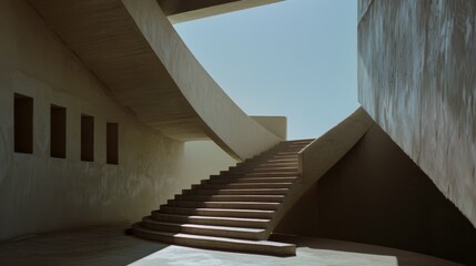 Fototapeta premium Warm sunlight casts shadows on a sweeping, sculptural staircase, creating a dance of light and shadow in a contemporary architectural marvel.