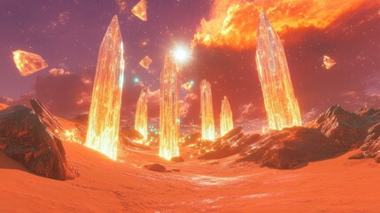 Obraz premium A surreal landscape with glowing crystal formations rising from the sand, a fiery sky above.