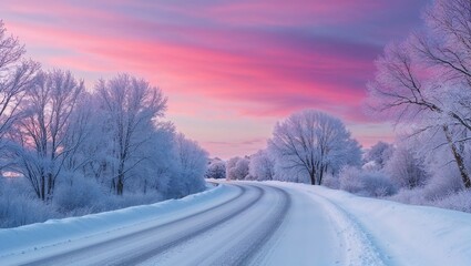 Obraz premium A Serene Snow-Covered Road Surrounded by Frost Suitable for Winter Travel and Landscape Photography