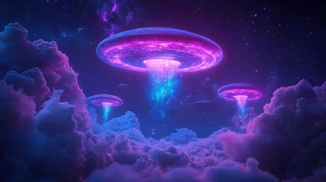 A vibrant cosmic scene featuring glowing UFOs hovering above colorful clouds under a starry night sky.