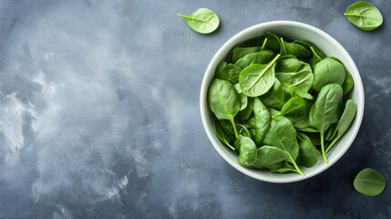 Nutritious spinach leaves bowl, verdant copy space top view, wholesome fresh vitamin detox raw, vibrant vegetable food, organic delicious healthy