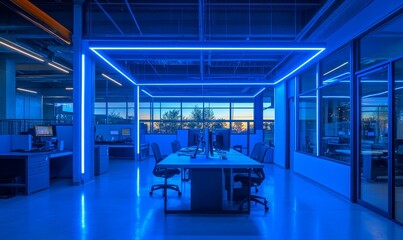 Fototapeta premium Modern office with blue neon lights and large windows.