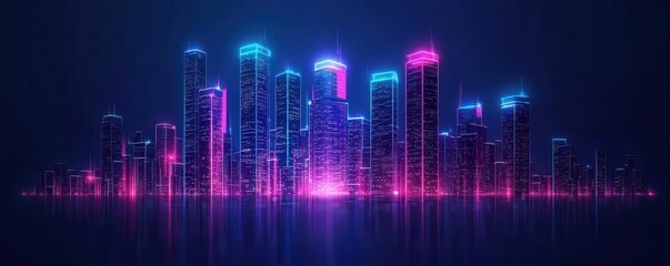 Fototapeta premium Neon city skyline at night, digital art.