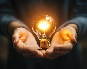 Hands holding a glowing light bulb, symbolizing innovation in tech