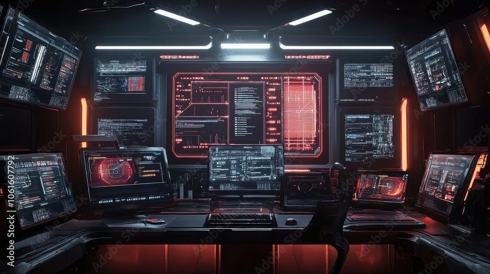 Poster a futuristic workstation with multiple monitors displaying data and code. the red accents highlight 