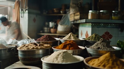 An array of colorful spices piled in bowls at a bustling market stall, emitting rich aromas and showcasing the cultural essence of culinary traditions.
