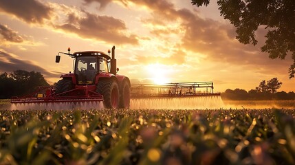 A tractor spraying crops at sunset in the farmland