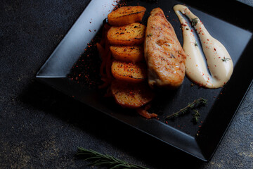 Grilled chicken steak with spices and baked potatoes on a black plate on a dark textured background with copy space.