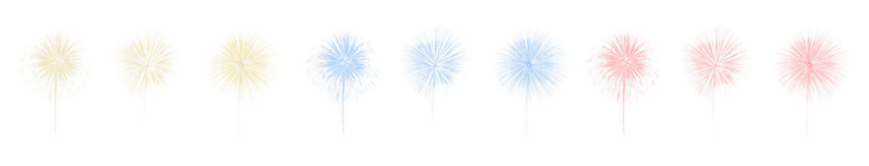 Happy New Year festive celebration party fireworks explosion PNG set, cutout isolated on transparent background. Gold yellow, red and blue colors