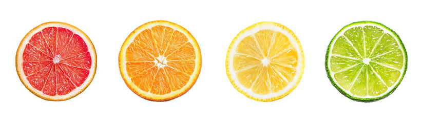 Citrus fruit wheel slices of grapefruit, orange, lemon, lime PNG set, cutout isolated on transparent background. Fresh drink garnish decoration graphic resource