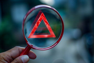 Hand holding magnifier glass with red triangle caution warning sign for focus notification error and maintenance concept.


