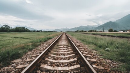 Obraz premium Rails extend into the horizon through lush fields, symbolizing journey and destination against a cloudy sky.