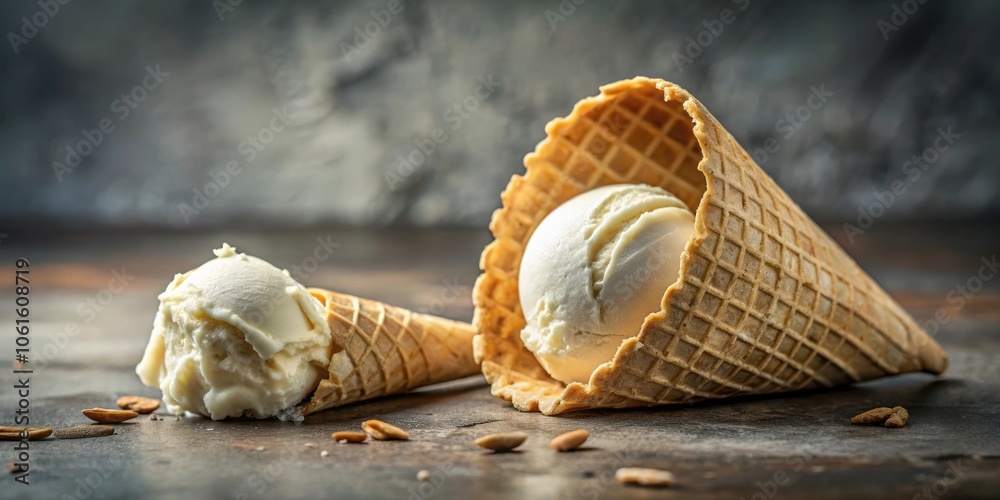 Poster two creamy ice cream cones with a partial bite taken out of one on a rustic wooden surface
