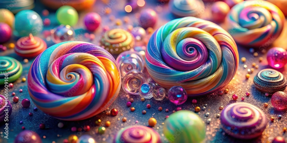 Poster A vibrant and abstract composition of iridescent spheres and swirling candy-like objects with a sparkling backdrop