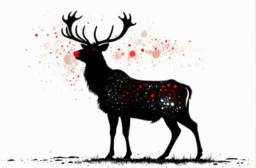 Vibrant Red-Nosed Reindeer Silhouette on Soft Pastel Background with Snowflakes