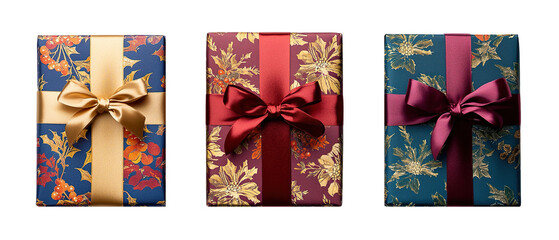 Christmas rectangle luxury gift present top down view PNG set, cutout isolated on transparent background. Winter Holiday gifting season graphic resource