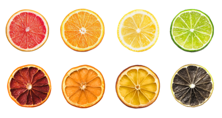 Dried and fresh citrus fruit wheel slices PNG set, cutout isolated on transparent background. Grapefruit, orange, lemon, lime cocktail garnish decoration graphic resource
