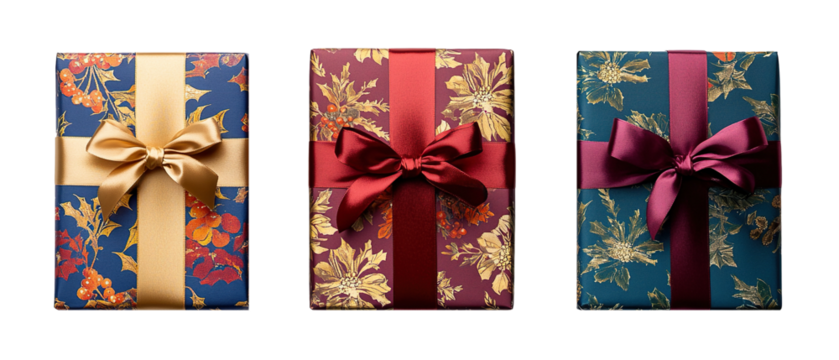 Christmas rectangle luxury gift present top down view PNG set, cutout isolated on transparent background. Winter Holiday gifting season graphic resource