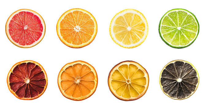 Dried and fresh citrus fruit wheel slices PNG set, cutout isolated on transparent background. Grapefruit, orange, lemon, lime cocktail garnish decoration graphic resource