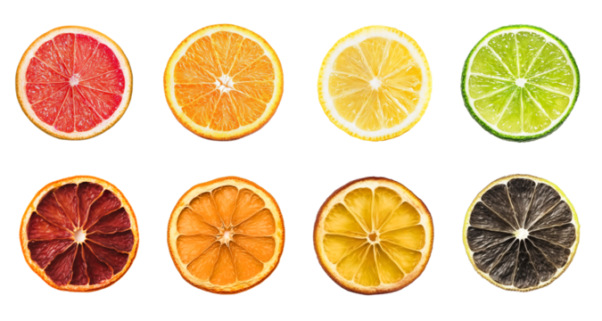 Dried and fresh citrus fruit wheel slices PNG set, cutout isolated on transparent background. Grapefruit, orange, lemon, lime cocktail garnish decoration graphic resource