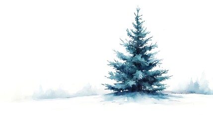 A serene watercolor depiction of a snow-covered landscape with a solitary evergreen tree.