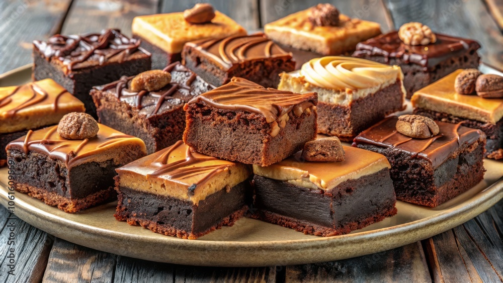 Poster a collection of decadent chocolate brownies topped with various toppings, displayed on a rustic wood