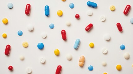 A scattering of colorful pills and capsules on a white background.