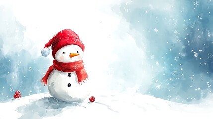 Fototapeta premium A cheerful snowman in a red hat and scarf stands in a snowy landscape with falling snowflakes.