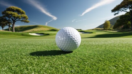 Obraz premium A Solitary Pristine White Golf Ball Resting on a Green Fairway, Perfect for Illustrating Golfing Lifestyle and Equipment Usage in Marketing Materials