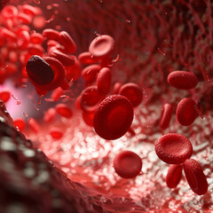 3D rendering of red blood cells in vein with depth of field flowing in one direction