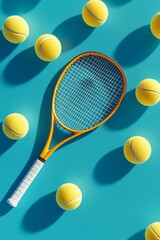 Holliday sport composition with yellow tennis balls and racket on a blue background of hard tennis court. sport and healthy lifestyle. the concept of outdoor game sports. flat lay.
