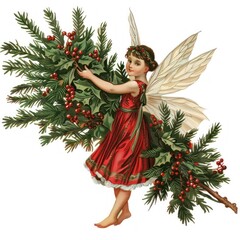 Naklejka premium Christmas green spruce branch christmas vintage fairy.