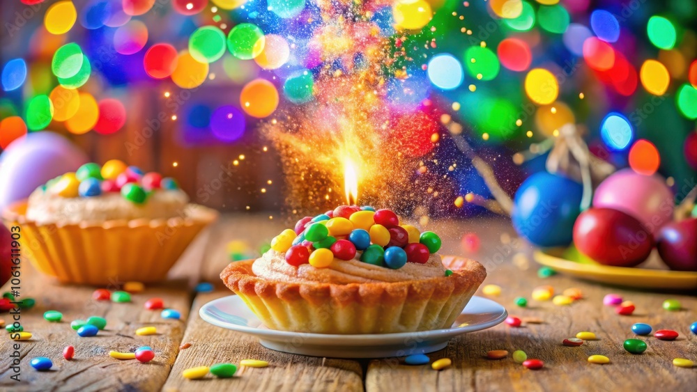 Poster A whimsical dessert adorned with colorful candies and shimmering with magical sparks, a perfect treat for any celebration.