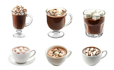Christmas hot chocolate with marshmallows in glass and cup PNG set, cutout isolated on transparent background. Festive warm winter holiday season drink