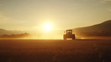 Fototapeta premium A tractor spraying crops at sunset in the farmland