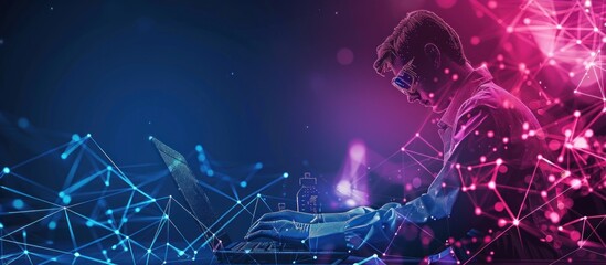 Obraz premium A person working on a laptop with a glowing pink and blue network of lines and dots around them.
