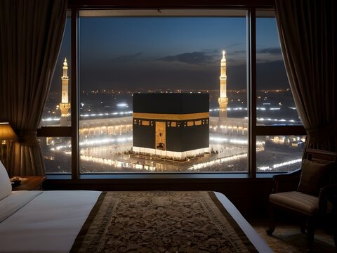 Fototapeta Beautiful view mecca through window from hotel