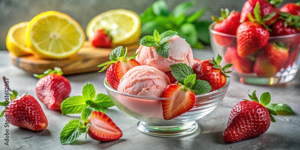 Poster a bowl of refreshing strawberry ice cream with fresh mint and halved strawberries, accompanied by wh