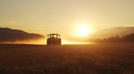 Fototapeta premium A tractor spraying crops at sunset in the farmland