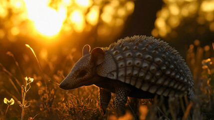 Obraz premium Distinctive armadillo animal wildlife, unique mammal exotic armored, peculiar side view funny brown snout, nocturnal wild nature, curious creature special