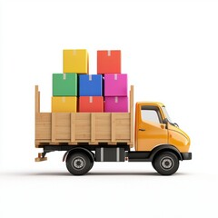 Fototapeta premium A bright yellow truck loaded with colorful boxes, symbolizing delivery, transportation, and commerce in a minimalist style.