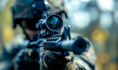 Fototapeta premium Close-up of soldier aiming rifle with scope.