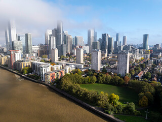 Obraz premium Autumnal aerial image of Canary wharf skyline. 