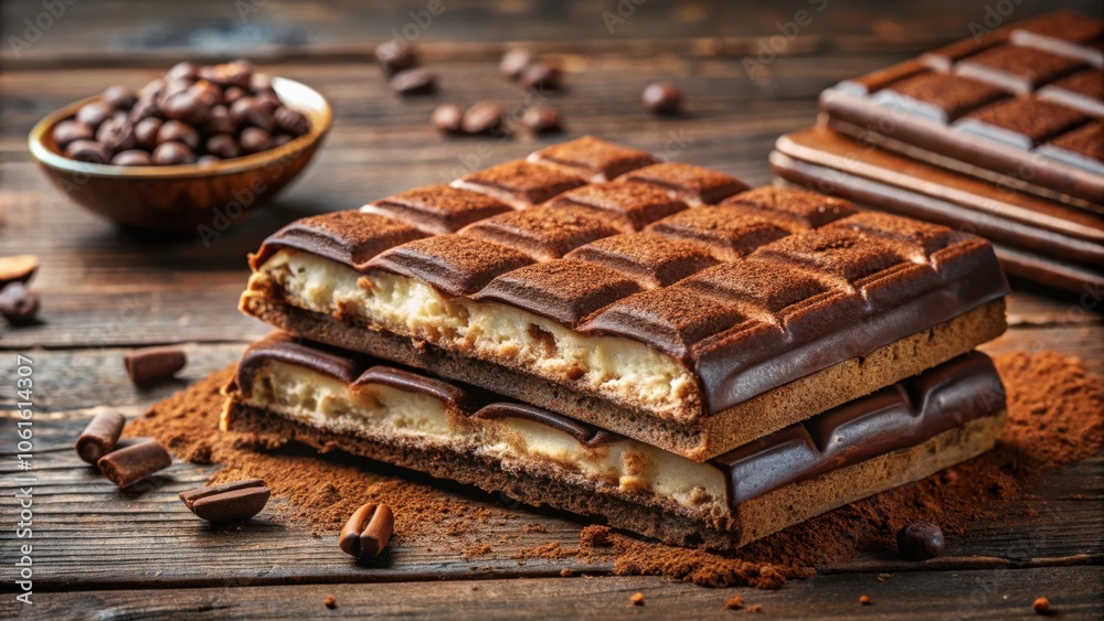 Poster A stack of layered chocolate bars dusted with cocoa powder and scattered coffee beans on a rustic wooden background.