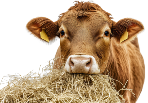 Content cow eating hay, pastoral isolated straw animal, rustic farm bale cattle agriculture, organic pastoral bucolic, rural peaceful serene