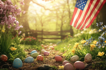 Fototapeta premium American flag flies over garden filled with Easter eggs.