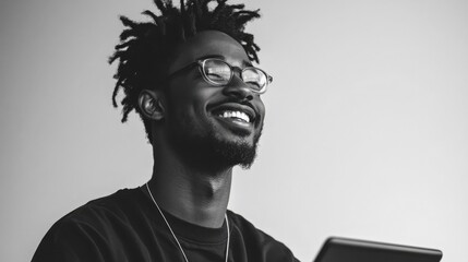 A young Black man with dreadlocks smiles broadly while looking up at something off camera. He's wearing glasses and has a beard.