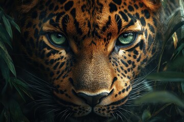 Fototapeta premium Close-Up Portrait of a Leopard with Green Eyes, Detailed and Intricate Wildlife Photography, Jungle and Grass Background 