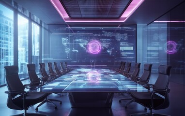 Holographic communication system in a futuristic business meeting room